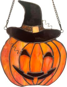 Carved Pumpkin with Witch Hat Tiffany Style Stained Glass Window Panel for Home Decor