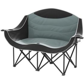 Padded Folding Camp Chair For Adults, Double Camping Chair With Armrests, Cup Holders, Carry Bag For Outdoor, Black (Option: Black)